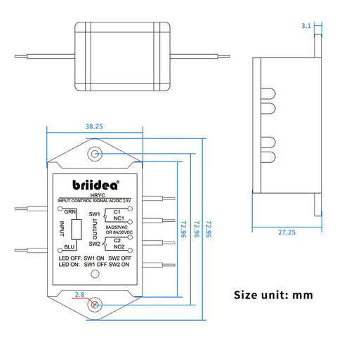 Technical drawing of Heavy Duty DPST Relay Module 8A 24V AC DC Control, 1NO 1NC, double pole single throw, white case.