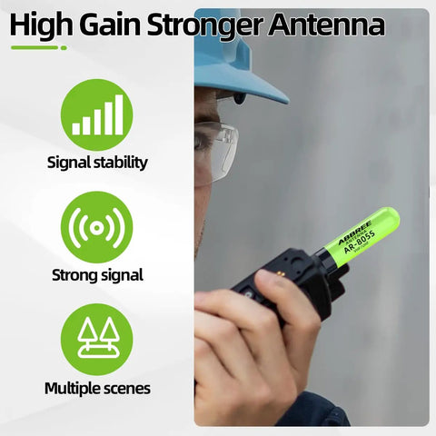 Person using Dual Band Mini Short Stubby Ham Radio Antenna For 144 And 430 MHz With Long Range Gain SMA Female Baofeng UV-5R.