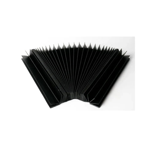 Beefed Up Flexible Dust Guard Cover For CNC Milling Machine Accordion Bellows Shield, black material, fanned view, tri-proof cloth.