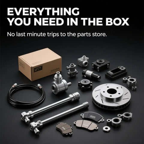 Chrome Door Hinge Assembly 2 Piece Set For Right Passenger Upper Lower Side Heavy Duty Steel No Sweat Diy Installation Rock Solid Bearing Action For Your Daily Driver Ride laid out with additional automotive parts on a dark background.