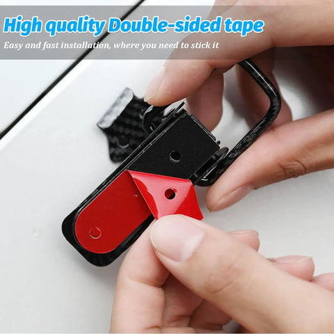 Close-up of 2 Pack Car Bumper Clip Hasp Universal Front And Rear Bumper Holder Security Hook Lock Clip Kit with adhesive tape.