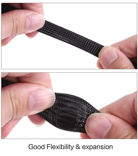 Hands showing flexibility of 100 Ft 1/2 Inch PET Expandable Braided Cable Sleeve Black For Audio Video And Home Electronics Wiring, Heat Resistant
