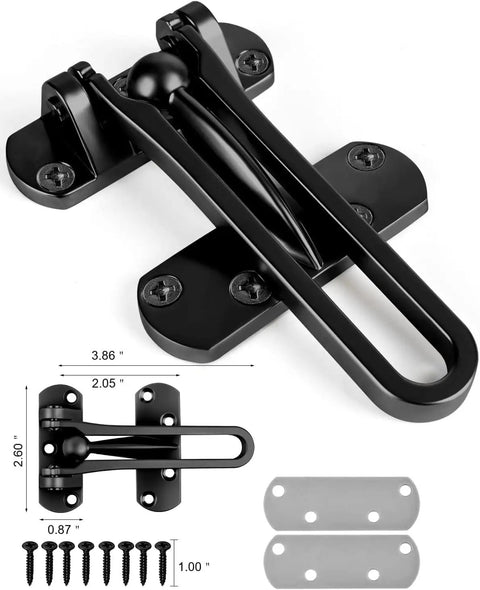 Top Shelf Swing Bar Door Lock Latch Built Tough With Real Aluminum Alloy And Satin Nickel Finish, showing measurements and screws.