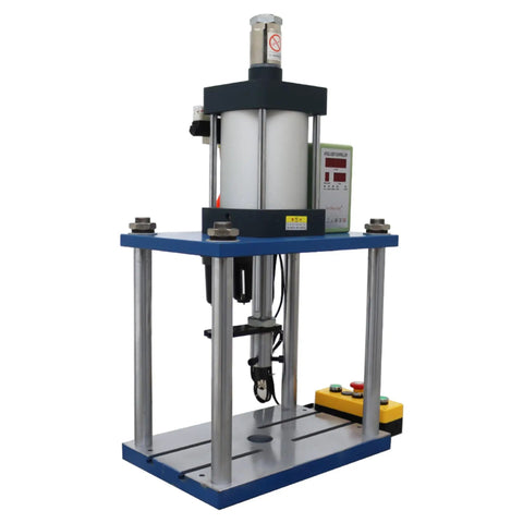 Heavy Duty Pneumatic Punch Press Machine Featuring An Adjustable Cylinder Stroke And Rock Solid Four Post Construction That Delivers 2866 Lbf of raw power for metal work on a shop floor.