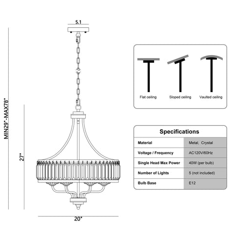 Modern Black Crystal Chandelier With 5 Lights, Farmhouse Style Dining Room Fixture, adjustable height drawing with dimensions.
