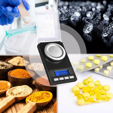 Portable Jewelry Scale 50g Capacity 0.001g Precision Microgram And Milligram Scale For Powder With Tray Tweezers And Calibration Weight Includes Carry Case shown with various powders and pills.