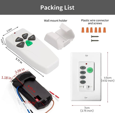 Universal Ceiling Fan Remote Control Kit With Wall Switch And Handheld Remote Receiver 3-Speed Dip Switch Light Dimmer Compatible With Hampton Bay Harbor Breeze Hunter And More Fans
