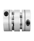 Side view of 12mm by 12mm clamp style motor shaft diaphragm coupling coupler for servo and stepper motors, aluminum hubs stainless discs
