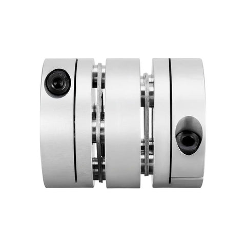 Side view of 12mm by 12mm clamp style motor shaft diaphragm coupling coupler for servo and stepper motors, aluminum hubs stainless discs