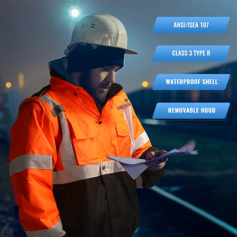 Worker in High Visibility Reflective Work Jacket For Men, Waterproof ANSI Class 3 Hi Viz Orange Coat With Pockets, nighttime scene