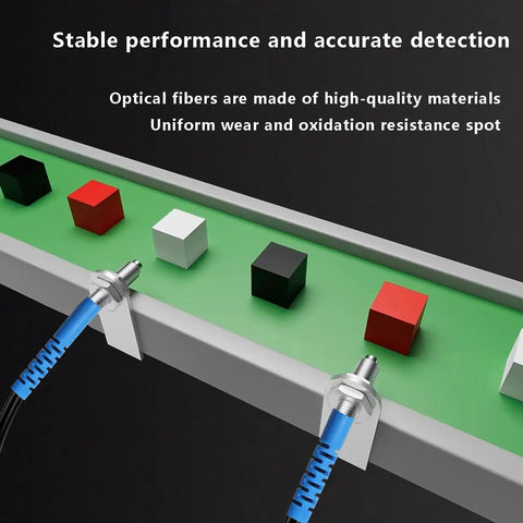 Diffuse Reflective Fiber Optic Sensor Probe With 2mm Outer Diameter, showing stable performance in detecting objects on a conveyor.