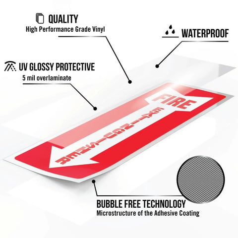 Close-up of 36 Pack Fire Extinguisher Sign Sticker 4 By 12 Inches 5 Mil Vinyl Bright Red And White Stick-On Weatherproof UV Protected