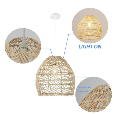 Beige Bamboo Pendant Light Fixture Boho Style With Rattan Wrapped Shade Hanging Lamp For Kitchen Island Nursery Adjustable
