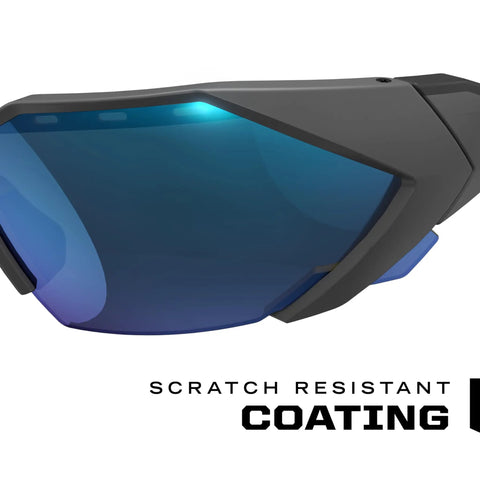 Vision Type E Safety Glasses With Anti Fog, Scratch Resistant Lenses, Blue Mirror Lens, close-up of half frame with coating text