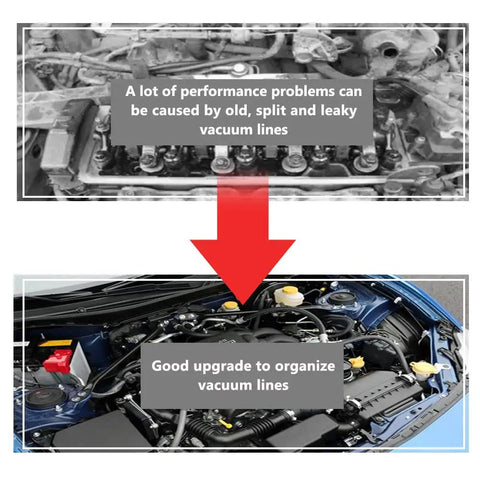 Two engine images showing the benefits of replacing old vacuum lines with Pro Grade Red Silicone Vacuum Tubing For Food Grade Transfer.