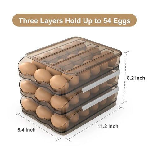 Egg Storage Container For Refrigerator That Holds 54 Eggs With Automatic Rolling Tray Durable Polypropylene Material Transparent Lid