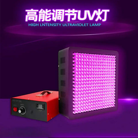 Heavy Duty 3600W UV LED Curing Lamp With Top Tier Killer Fast Cure Power And Rock Solid Cold Light Output To Dry Resin Rapidly For DIY Varnish Setup, featuring pink LED panel and control box.