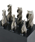 Six 4-flute HSS end mills (1/8-1/2 in) in a black holder; center-cut, single-end