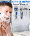 Man shaving next to Razor Holder For Shower, Self Adhesive Stainless Steel Razor Hook Hanger, bathroom organizer 4 pack