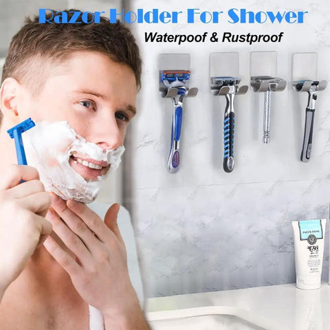 Man shaving next to Razor Holder For Shower, Self Adhesive Stainless Steel Razor Hook Hanger, bathroom organizer 4 pack
