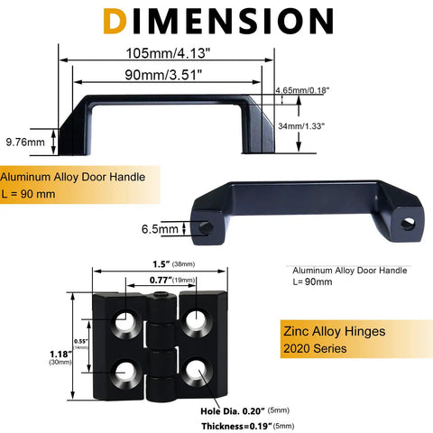 Dimensions of Two Sets Door Handle And Frame Hinges Install Kit For 20x20 Aluminum Extrusion Profile Slot 6mm with 90mm handles
