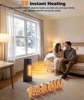 Indoor 1500W Ceramic Space Heater With Thermostat in a cozy bedroom, heating with warm air flow, featuring LED display and timer.
