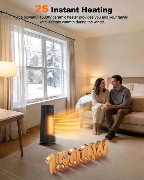 Indoor 1500W Ceramic Space Heater With Thermostat in a cozy bedroom, heating with warm air flow, featuring LED display and timer.