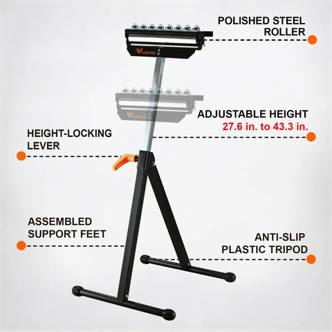 Three In One Roller Stand For Woodworking With 132 Lb Load Capacity And Outfeed Roller, adjustable height 27 to 43 inches