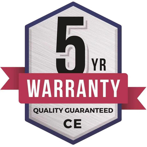 5-year warranty badge for electrical products, indicating quality guaranteed, with red ribbon and CE marking.
