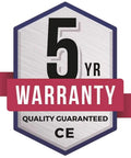 5-year warranty badge with CE quality guaranteed text