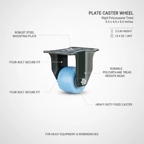 Rock Solid Rigid Fixed Direction Plate Caster Wheel With Hella Tough Polyurethane Tread Super Slick Straight Line Tracking For Badass Heavy Duty Workbenches Industrial Carts Garage Gear 5.5 X 4.0 X 5.9 Inches Single Pack showing robust steel mounting plate and durable wheel.