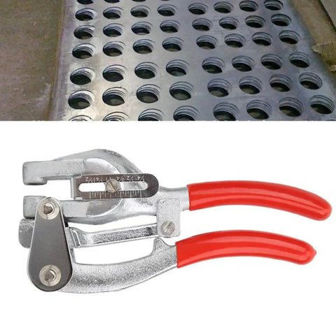 Heavy Duty Sheet Metal Hole Punch Kit Hand Held Power Punch Set with red handles, used for precise holes in metal sheets, shown with example sheet.
