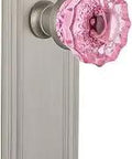 Mission Plate Crystal Pink Glass Door Knob Set in Satin Nickel, Privacy Lock, 2 3/4 Inch Backset, Solid Forged Brass Plates