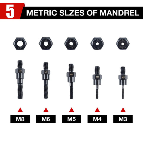 Pro Grade Fast Change Rivet Nut Tool Kit M3 To M8 with five mandrels M3, M4, M5, M6, M8 displayed.