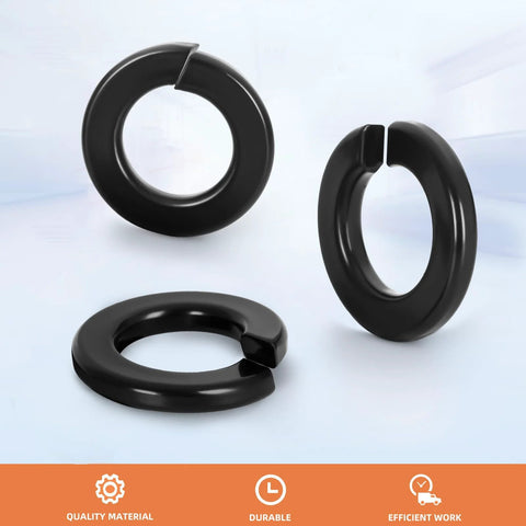 Lock washers, front, side and top views; set of 3, black finish, stainless steel 18-8 (304)