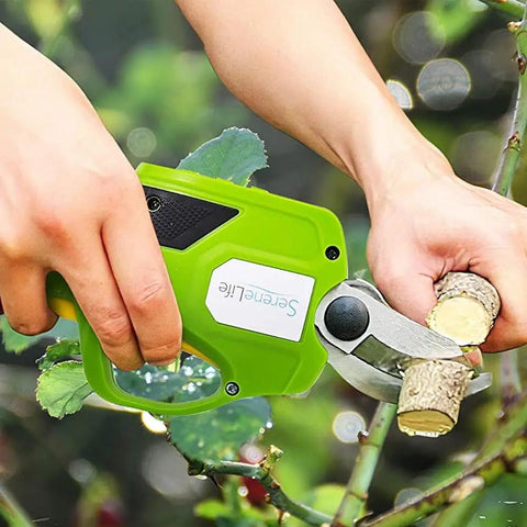 Heavy Duty Cordless Electric Pruning Shears With 6 Foot Extension Pole And Rechargeable Battery cutting through wood branch.