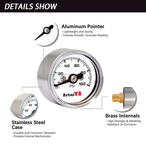 Compact One Inch Pressure Gauge Zero To One Hundred Psi For Coffee Machines Water Pumps And Air Compressors Stainless Steel Case One Eighth NPT Back Mount Handy Mini Gauge For Tight Spaces And Precise Readings