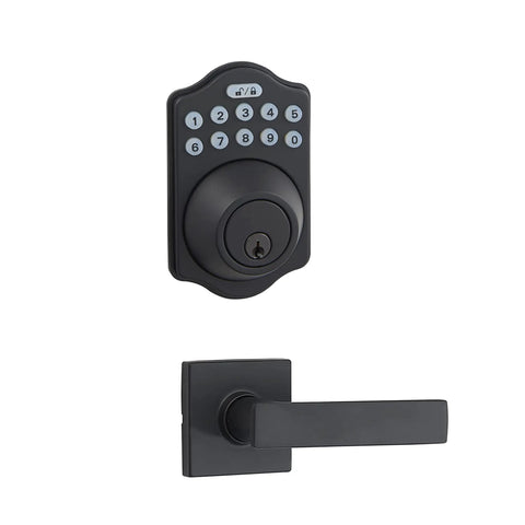 Solid Electronic Keypad Lock With Keyless Entry Motorized Deadbolt And Matte Black Lever. Hella Smooth Auto Locking For Legit Home Security. Heavy Duty Zinc Body Guarantees A No Hassle Quick Front Door Upgrade