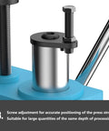 Built Tough As Nails Cast Iron Arbor Press With Dead Simple Auto Reset Spring Loaded Handle For Benchtop Shaft Punching Bending And Quick Stretching Projects showing screw adjustment for precise press stroke.