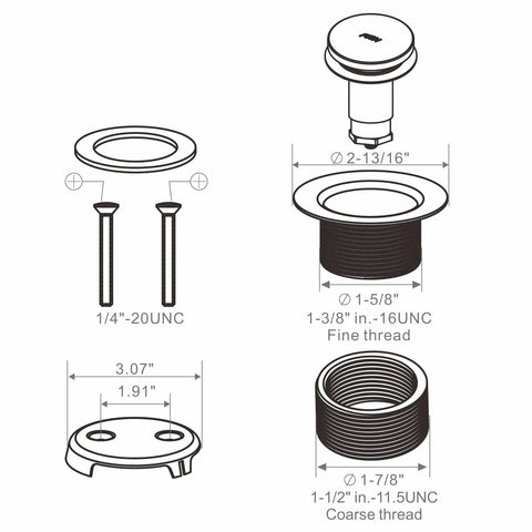 Gold Brushed Brass Tub Drain Conversion Kit With Two Hole Overflow Faceplate, Universal Fit For 1-3/8 Inch Drains, schematic diagram