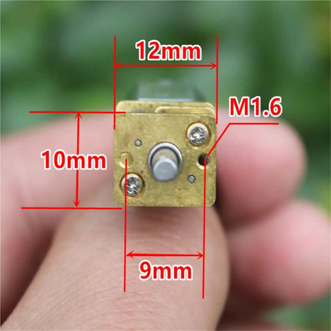 Precision Micro Metal Gear Motor With Compact Gear Wheel Runs slick on DC 3V to 6V, showing dimensions 12mm x 10mm x 9mm.