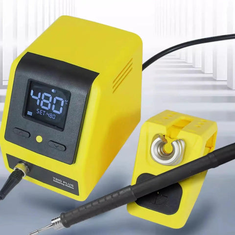 120W Digital Soldering Station Kit With Rapid Three Second Heating Anti Static T210 Iron LCD Display Safe PCB Electronics DIY Repair US Plug Pro Grade Dope Soldering Tool For Projects, yellow body, LCD screen showing temperature, and attached soldering iron.