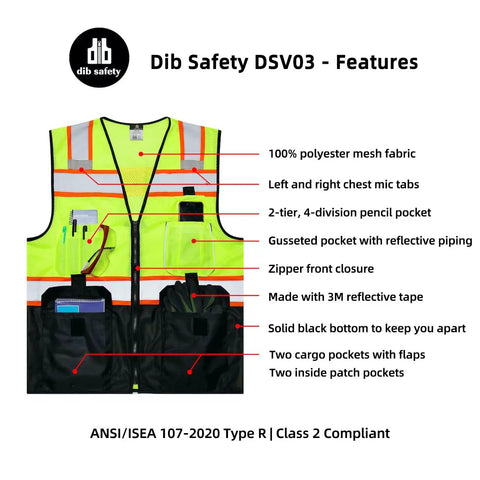 High Visibility Reflective Safety Vest With Pockets And Zipper, ANSI Class 2 Mesh, 3M Reflective Tape, Yellow And Black, Large