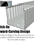 Open Slot Cable Raceway Kit With Reverse Snap Cover showing inward-curving design and secure snap mechanism.