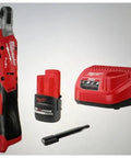 1/4 Inch Drive Cordless Electric Ratchet Kit Delivers 550 Rpm Plus 45 Ft Lbs Of Solid Torque with a battery and charger.