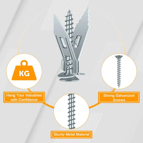 Close-up of heavy-duty metal anchors and screws, self-drilling design, part of 180Pcs Self Drilling Drywall Anchors And Screws Kit.