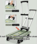 Adjustable Aluminum Folding Dolly With Six Wheels Heavy Duty Portable Hand Truck For Moving Boxes Groceries Luggage And More Includes Elastic Straps For Easy Transport And Rock Solid Stability, folded handle view