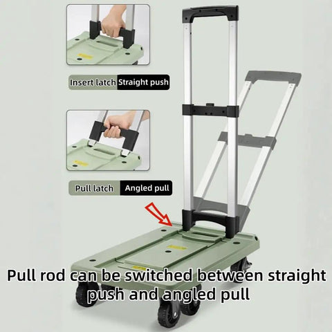 Adjustable Aluminum Folding Dolly With Six Wheels Heavy Duty Portable Hand Truck For Moving Boxes Groceries Luggage And More Includes Elastic Straps For Easy Transport And Rock Solid Stability, folded handle view
