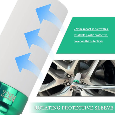 Hella Tough And Dead On 22 Millimeter Socket Half Inch Drive Heavy Duty Impact Tool with a protective sleeve in use on a wheel.
