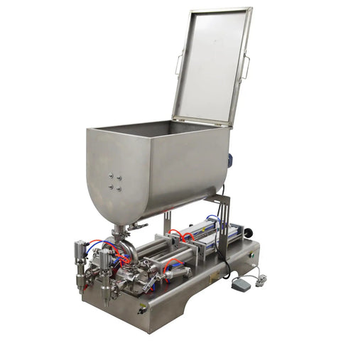Heavy Duty Kickass Dual Nozzle Paste Filling Mixer With Auto Stirring 80 Liter Hopper And Pneumatic Trigger Switch for creams, shampoo, and industrial oils.